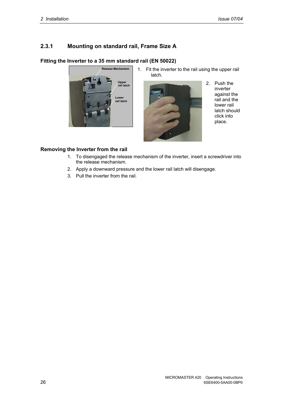 1 mounting on standard rail, frame size a | Siemens MICROMASTER 420 User Manual | Page 26 / 190