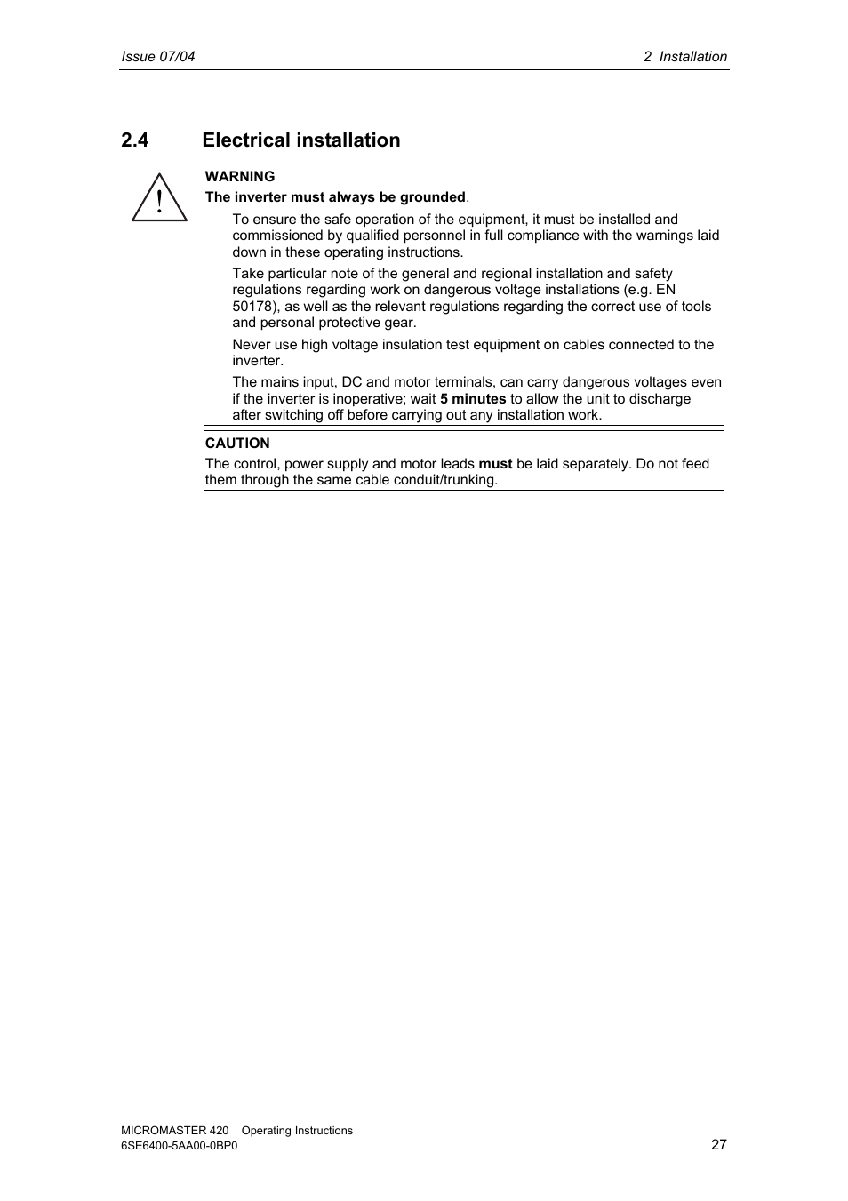 4 electrical installation | Siemens MICROMASTER 420 User Manual | Page 27 / 190