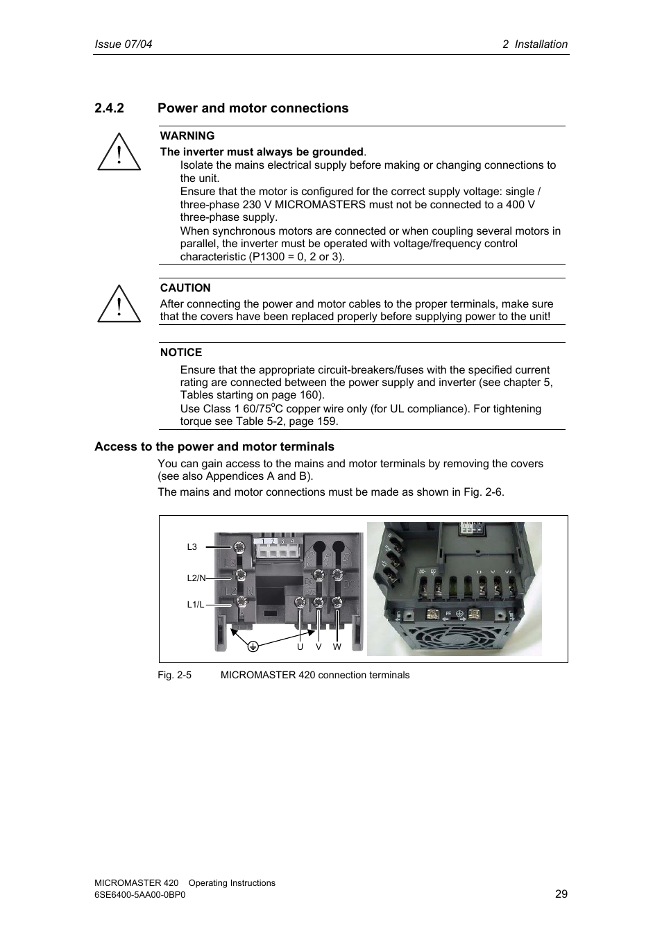 2 power and motor connections | Siemens MICROMASTER 420 User Manual | Page 29 / 190