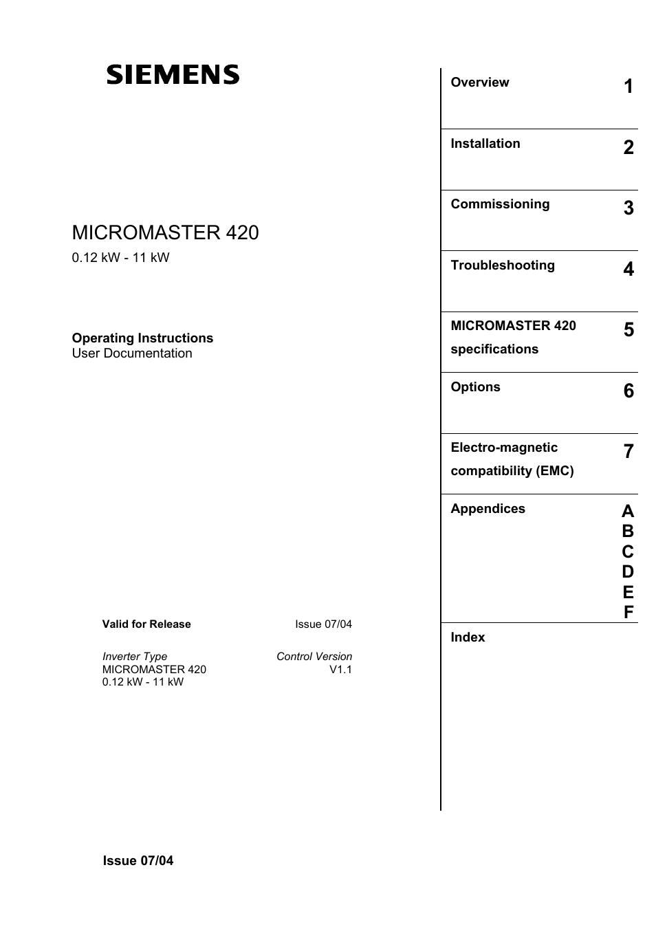 Micromaster 420 | Siemens MICROMASTER 420 User Manual | Page 3 / 190