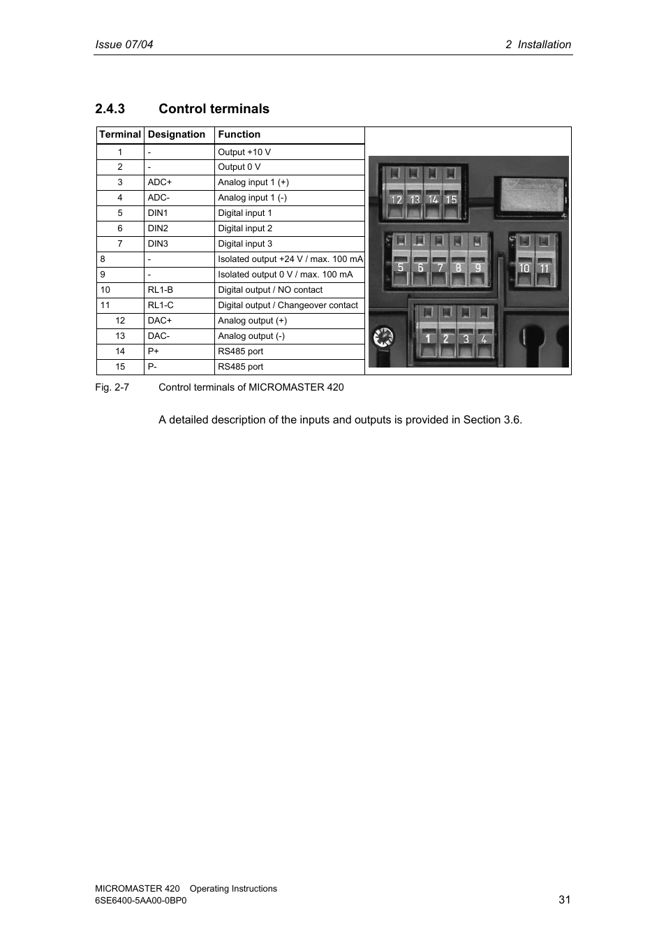 3 control terminals | Siemens MICROMASTER 420 User Manual | Page 31 / 190