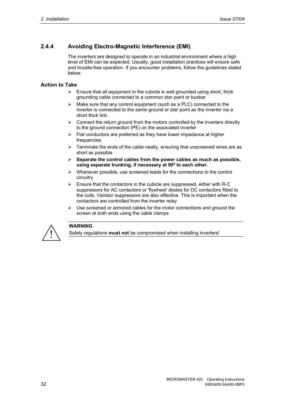 4 avoiding electro-magnetic interference (emi) | Siemens MICROMASTER 420 User Manual | Page 32 / 190