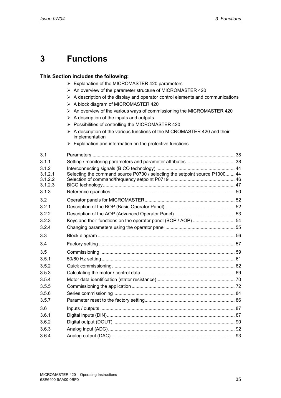 3 functions | Siemens MICROMASTER 420 User Manual | Page 35 / 190