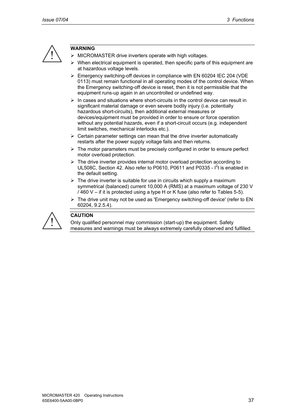 Siemens MICROMASTER 420 User Manual | Page 37 / 190