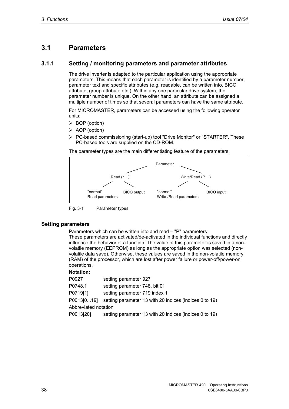 1 parameters | Siemens MICROMASTER 420 User Manual | Page 38 / 190