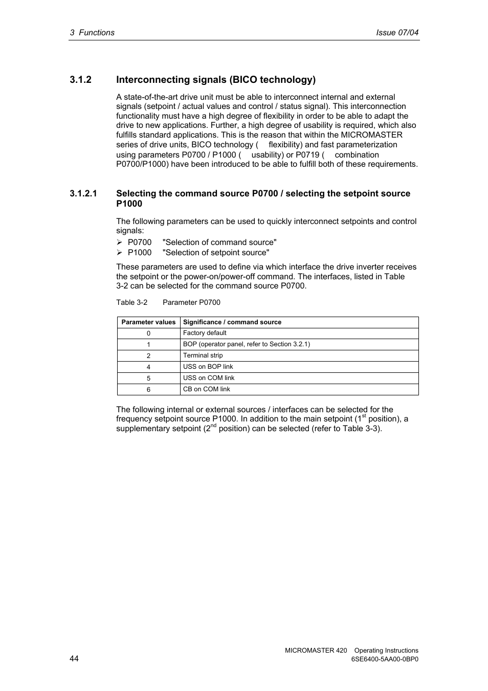 2 interconnecting signals (bico technology) | Siemens MICROMASTER 420 User Manual | Page 44 / 190