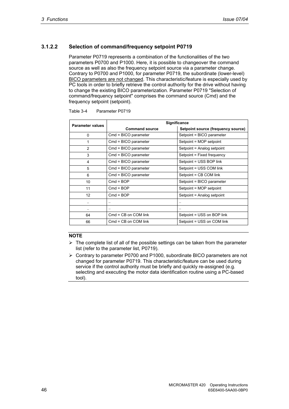 2 selection of command/frequency setpoint p0719 | Siemens MICROMASTER 420 User Manual | Page 46 / 190