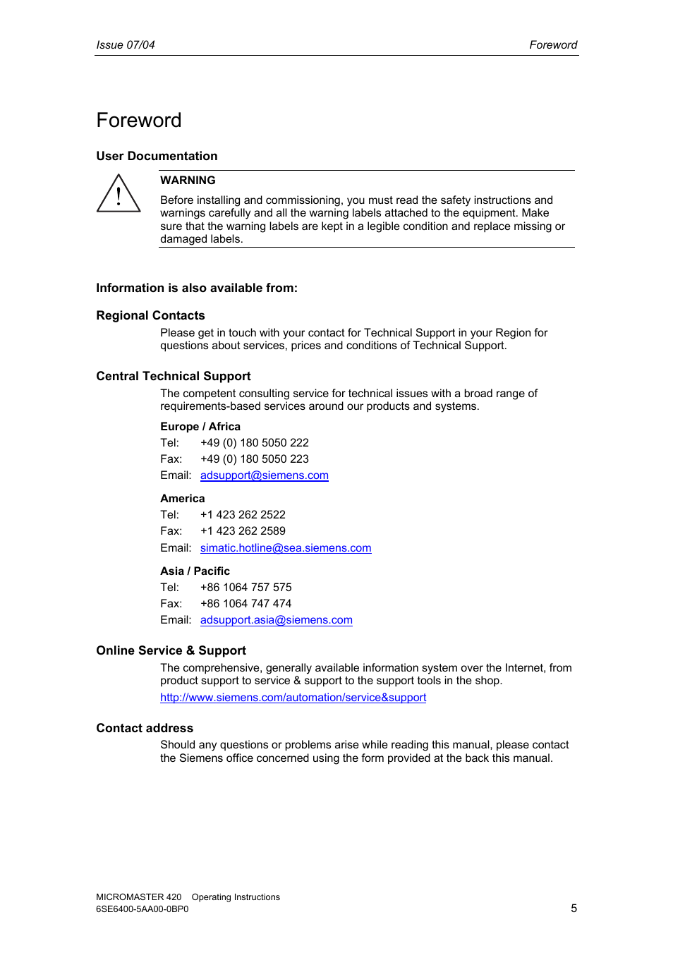 Foreword | Siemens MICROMASTER 420 User Manual | Page 5 / 190