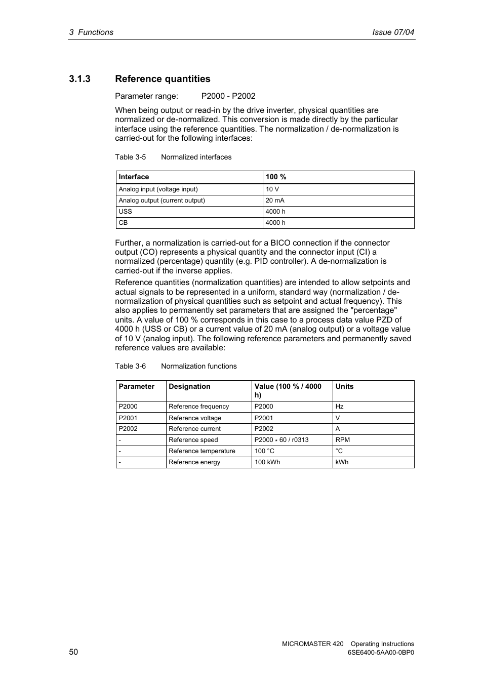 3 reference quantities | Siemens MICROMASTER 420 User Manual | Page 50 / 190