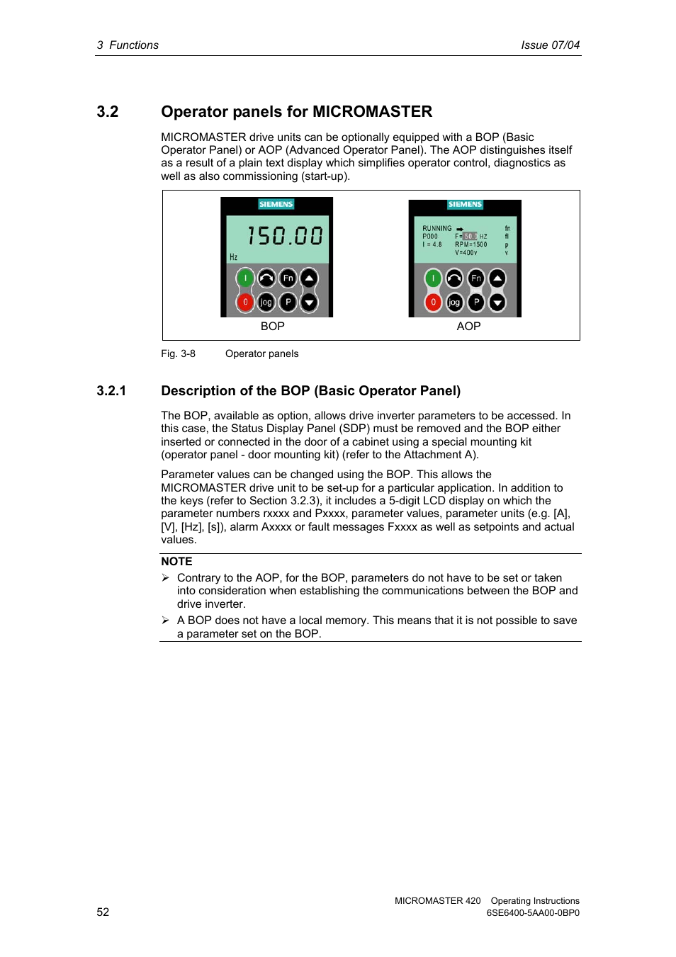 2 operator panels for micromaster, 1 description of the bop (basic operator panel) | Siemens MICROMASTER 420 User Manual | Page 52 / 190