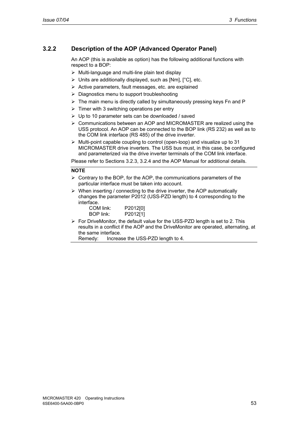 2 description of the aop (advanced operator panel) | Siemens MICROMASTER 420 User Manual | Page 53 / 190