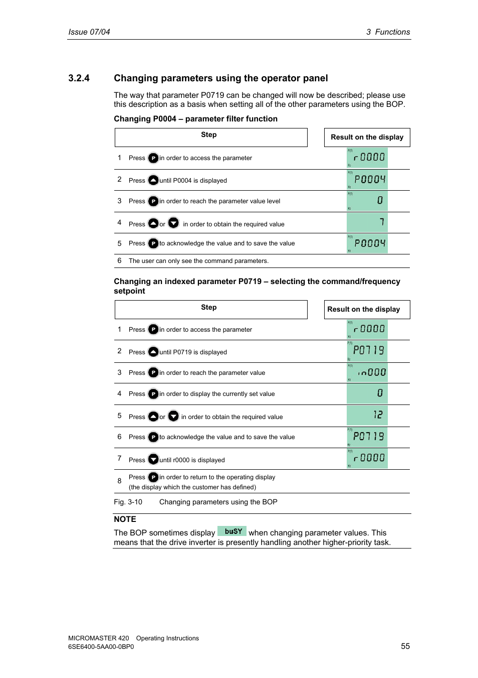 4 changing parameters using the operator panel | Siemens MICROMASTER 420 User Manual | Page 55 / 190