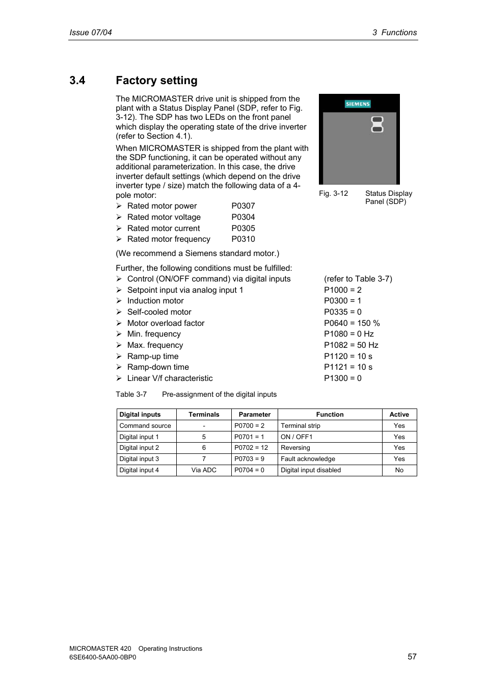 4 factory setting | Siemens MICROMASTER 420 User Manual | Page 57 / 190