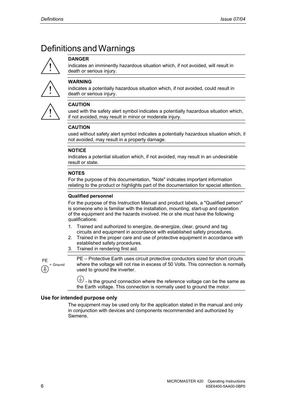 Definitions and warnings, Definitions, Warnings | Siemens MICROMASTER 420 User Manual | Page 6 / 190