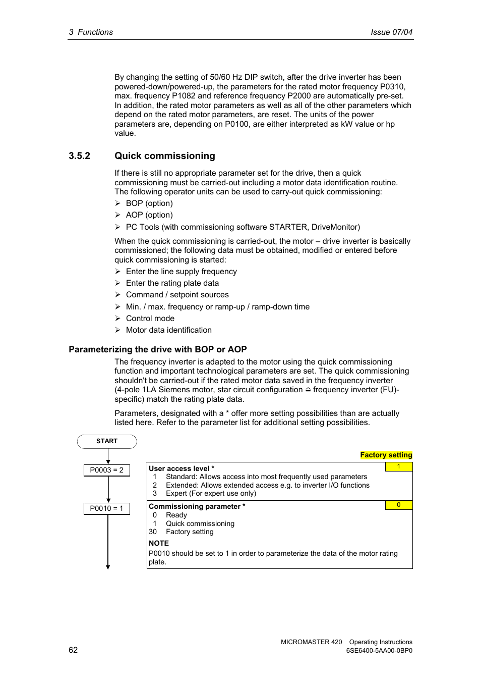 2 quick commissioning | Siemens MICROMASTER 420 User Manual | Page 62 / 190