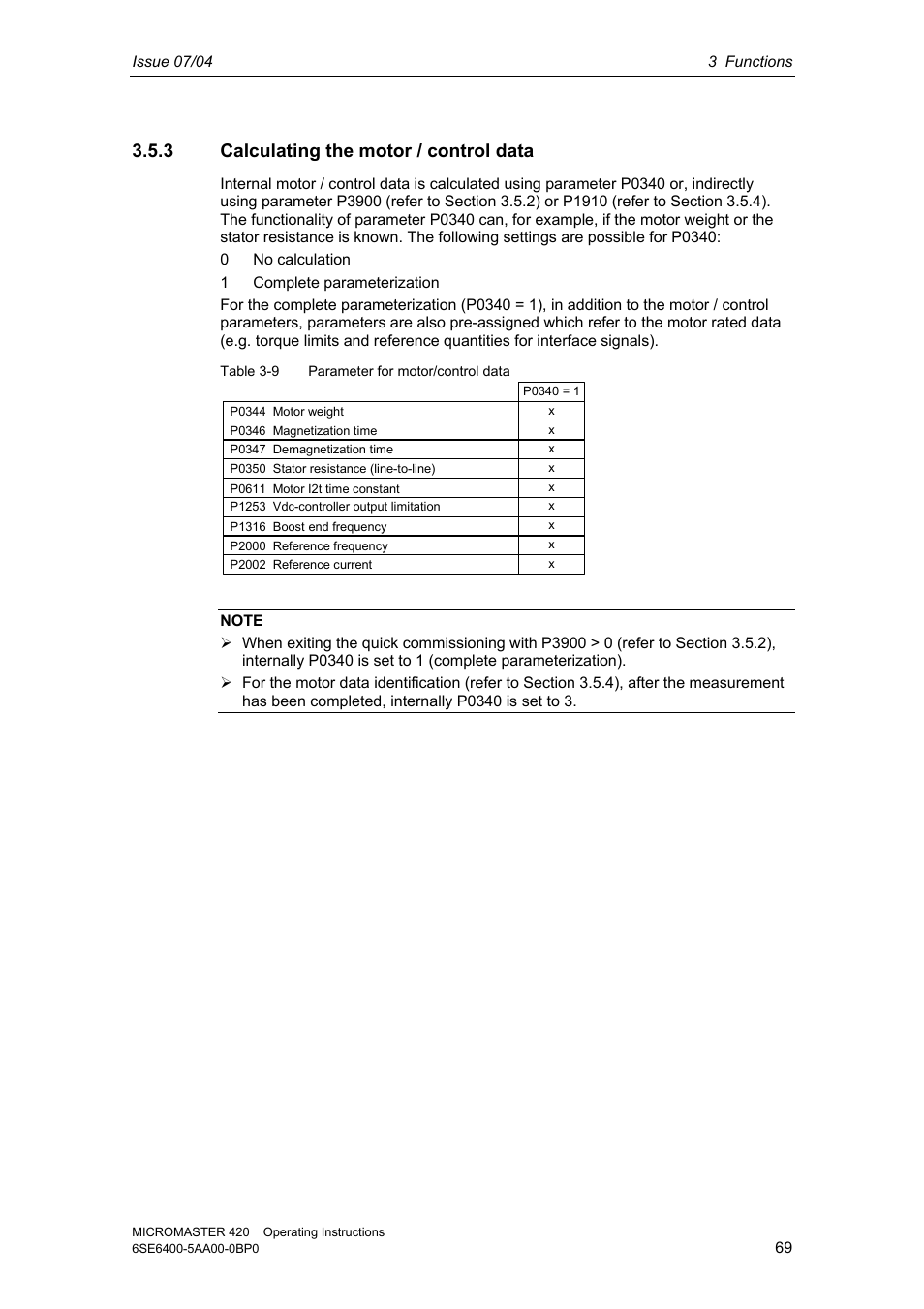 3 calculating the motor / control data | Siemens MICROMASTER 420 User Manual | Page 69 / 190