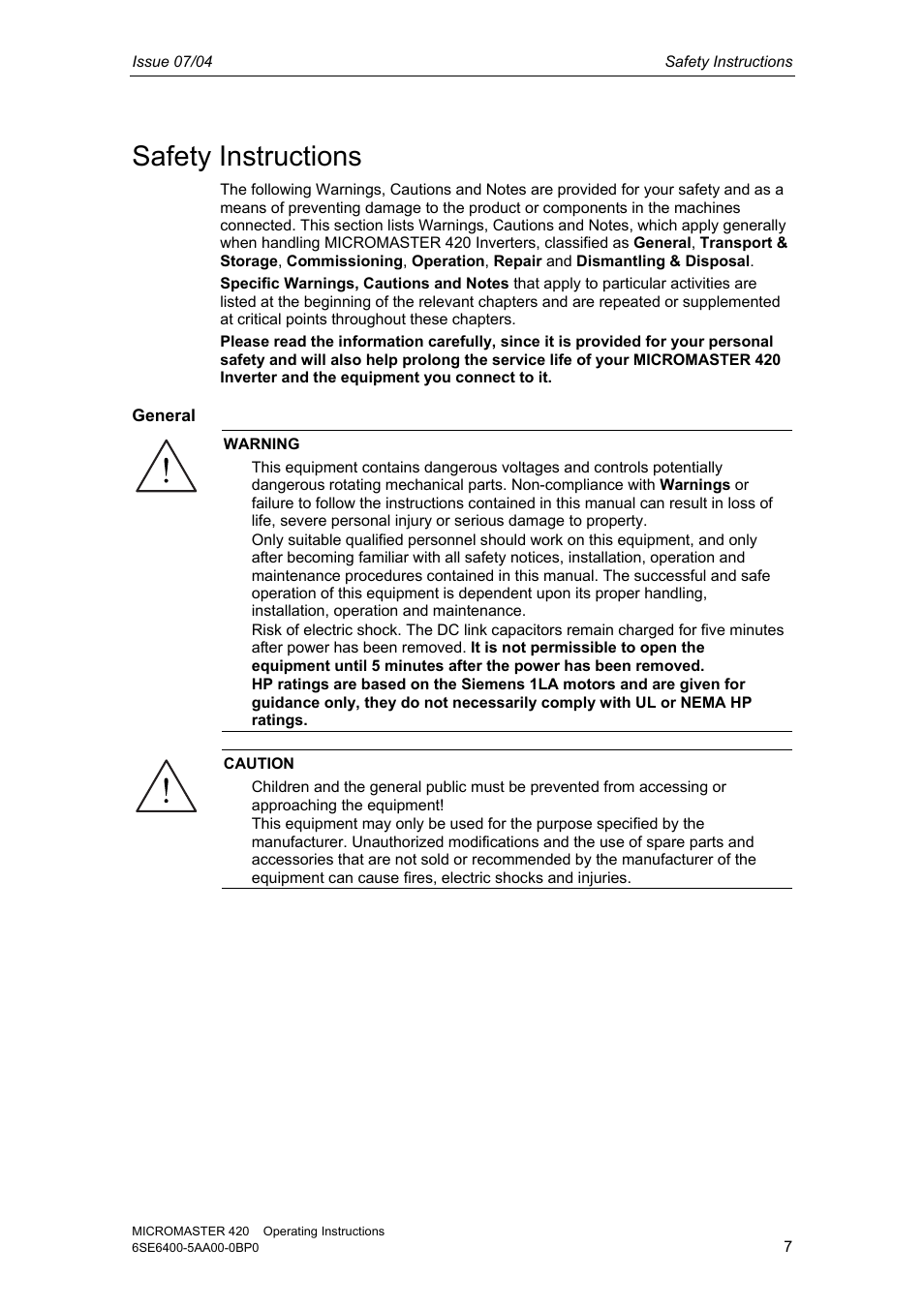 Safety instructions | Siemens MICROMASTER 420 User Manual | Page 7 / 190