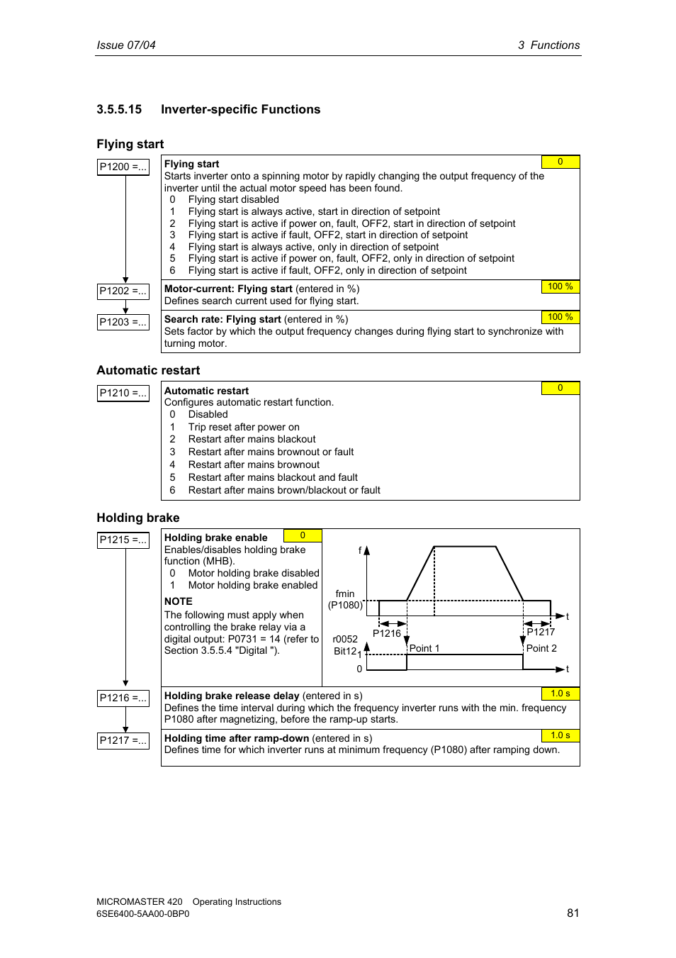 15 inverter-specific functions, Flying start, Automatic restart | Holding brake | Siemens MICROMASTER 420 User Manual | Page 81 / 190