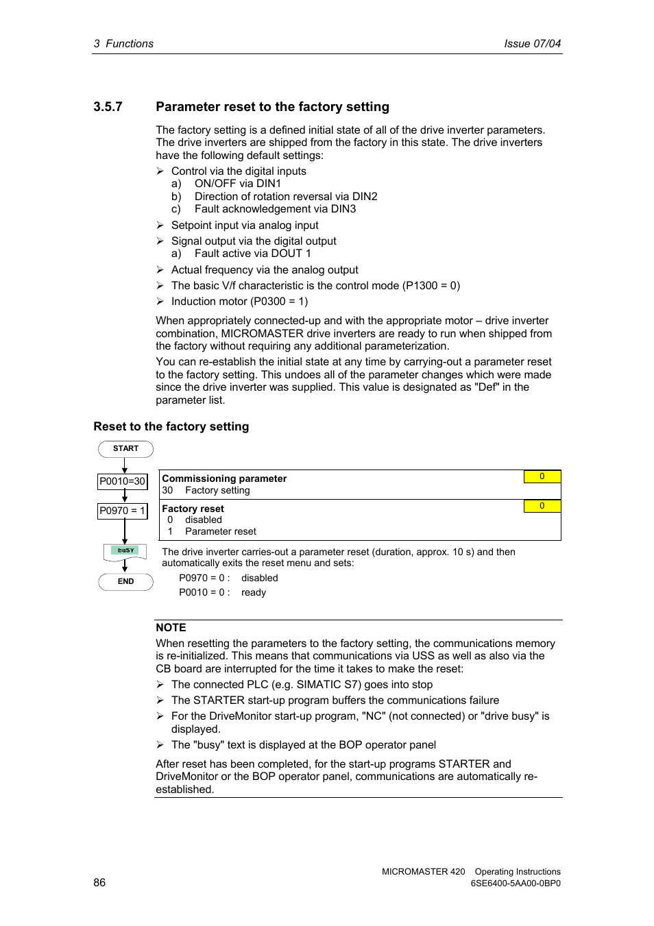 7 parameter reset to the factory setting | Siemens MICROMASTER 420 User Manual | Page 86 / 190