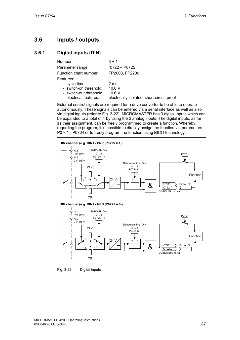 6 inputs / outputs, 1 digital inputs (din) | Siemens MICROMASTER 420 User Manual | Page 87 / 190