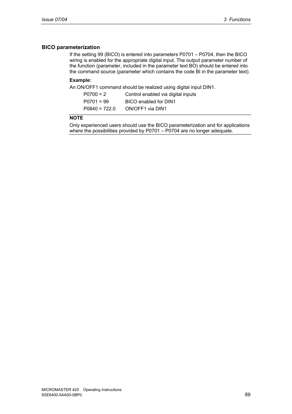 Siemens MICROMASTER 420 User Manual | Page 89 / 190