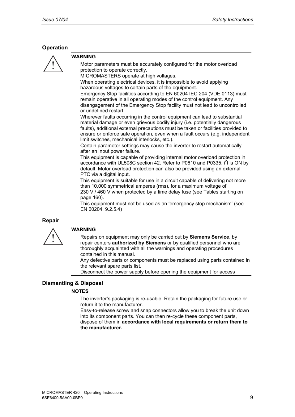 Siemens MICROMASTER 420 User Manual | Page 9 / 190