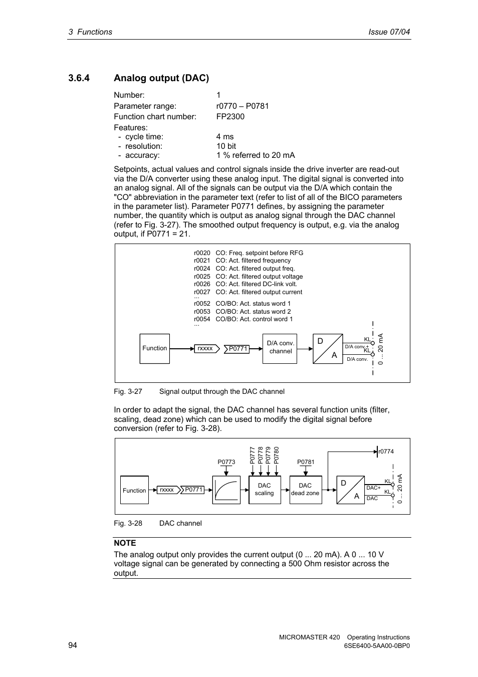 4 analog output (dac) | Siemens MICROMASTER 420 User Manual | Page 94 / 190