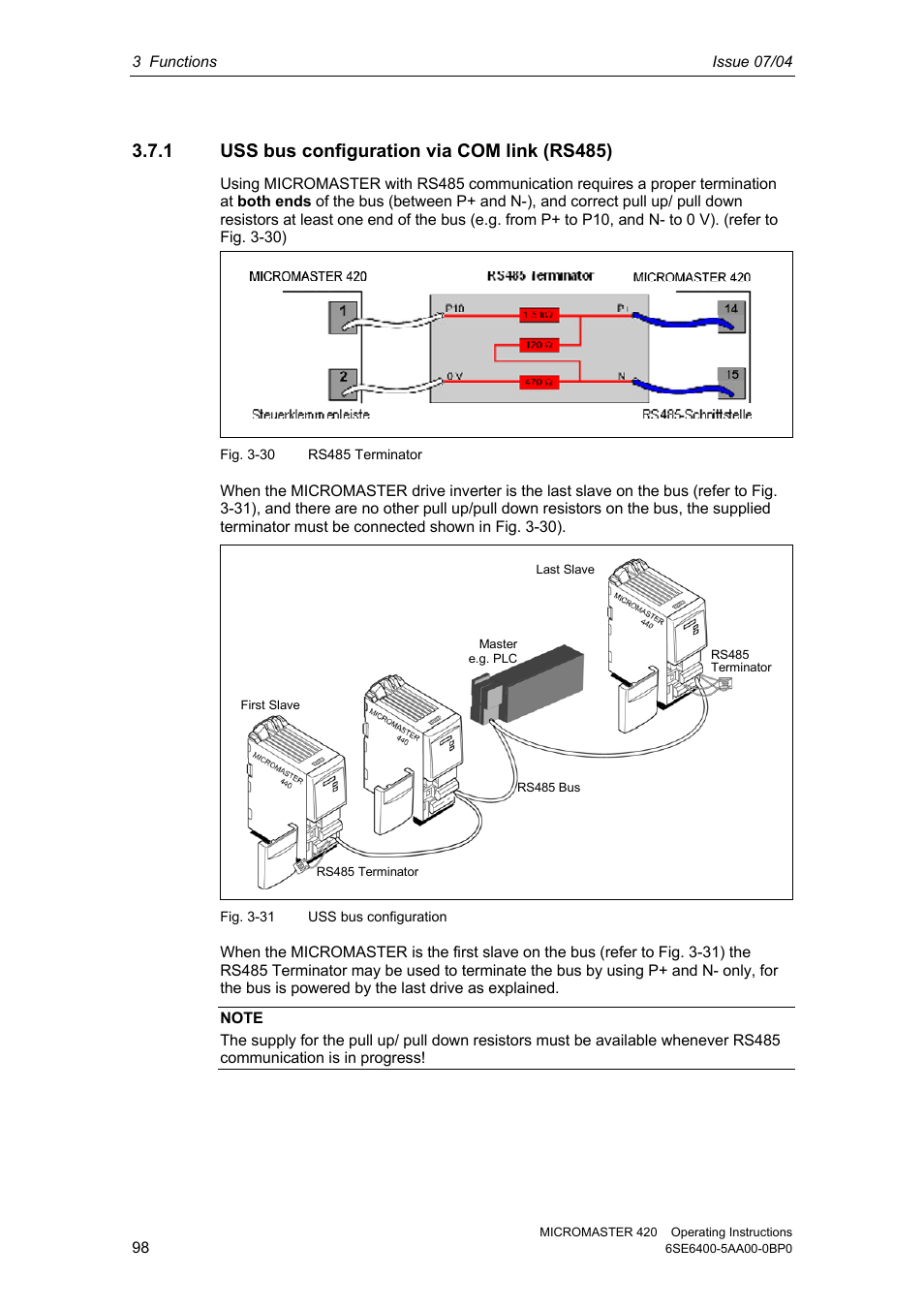 1 uss bus configuration via com link (rs485) | Siemens MICROMASTER 420 User Manual | Page 98 / 190