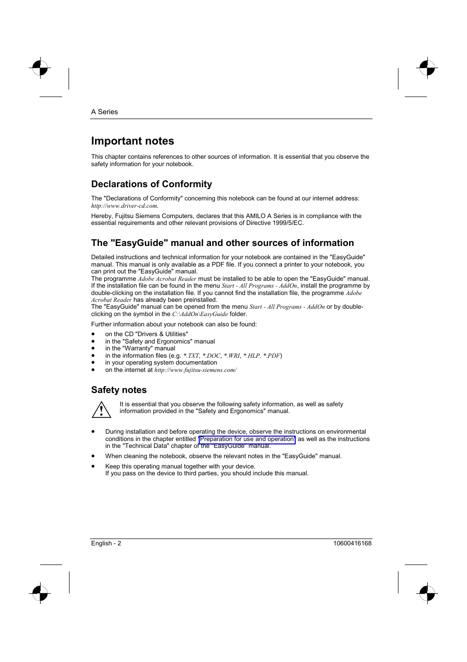 Important notes, Declarations of conformity, Safety notes | Siemens AMILO A Series User Manual | Page 10 / 17