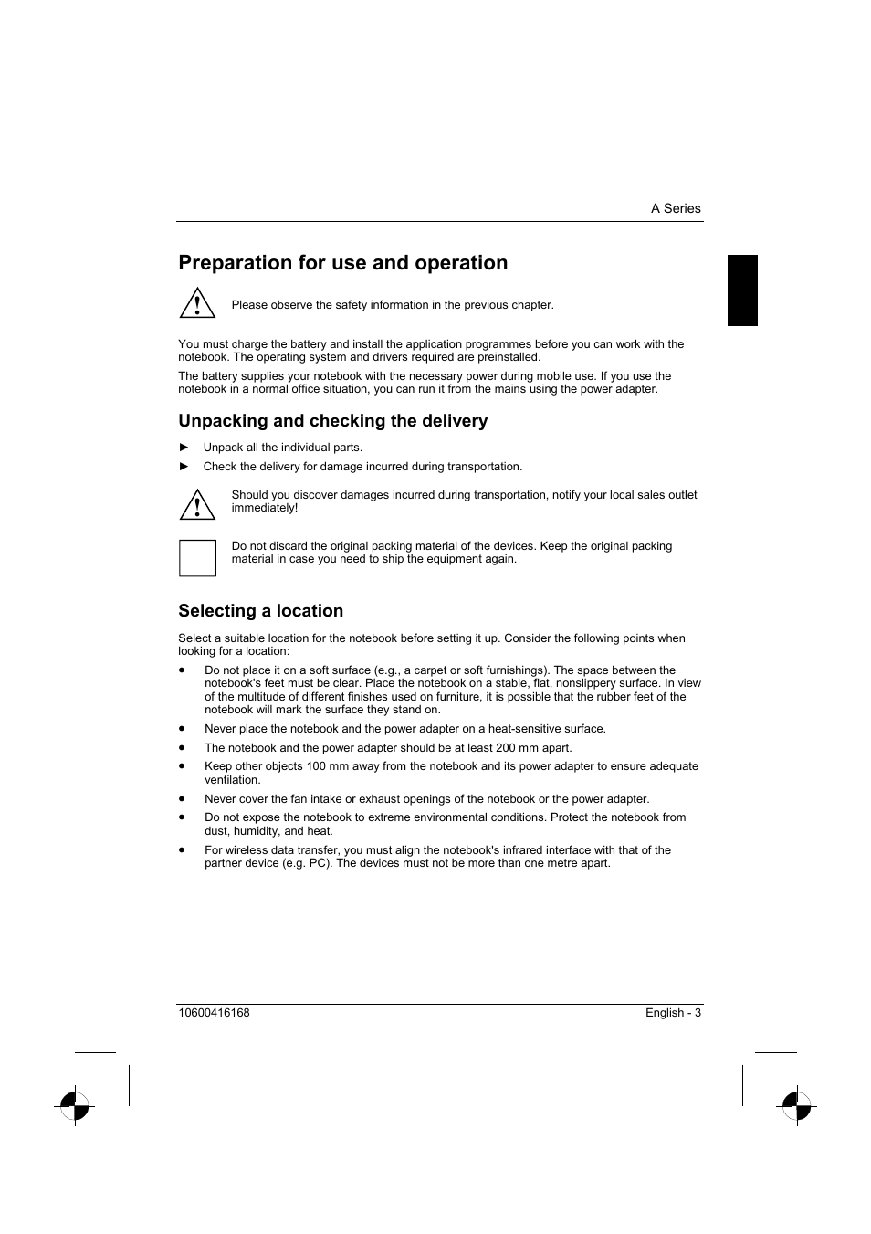 Preparation for use and operation, Unpacking and checking the delivery, Selecting a location | Siemens AMILO A Series User Manual | Page 11 / 17