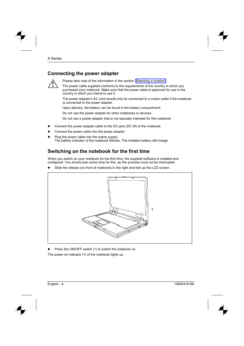 Connecting the power adapter, Switching on the notebook for the first time | Siemens AMILO A Series User Manual | Page 12 / 17