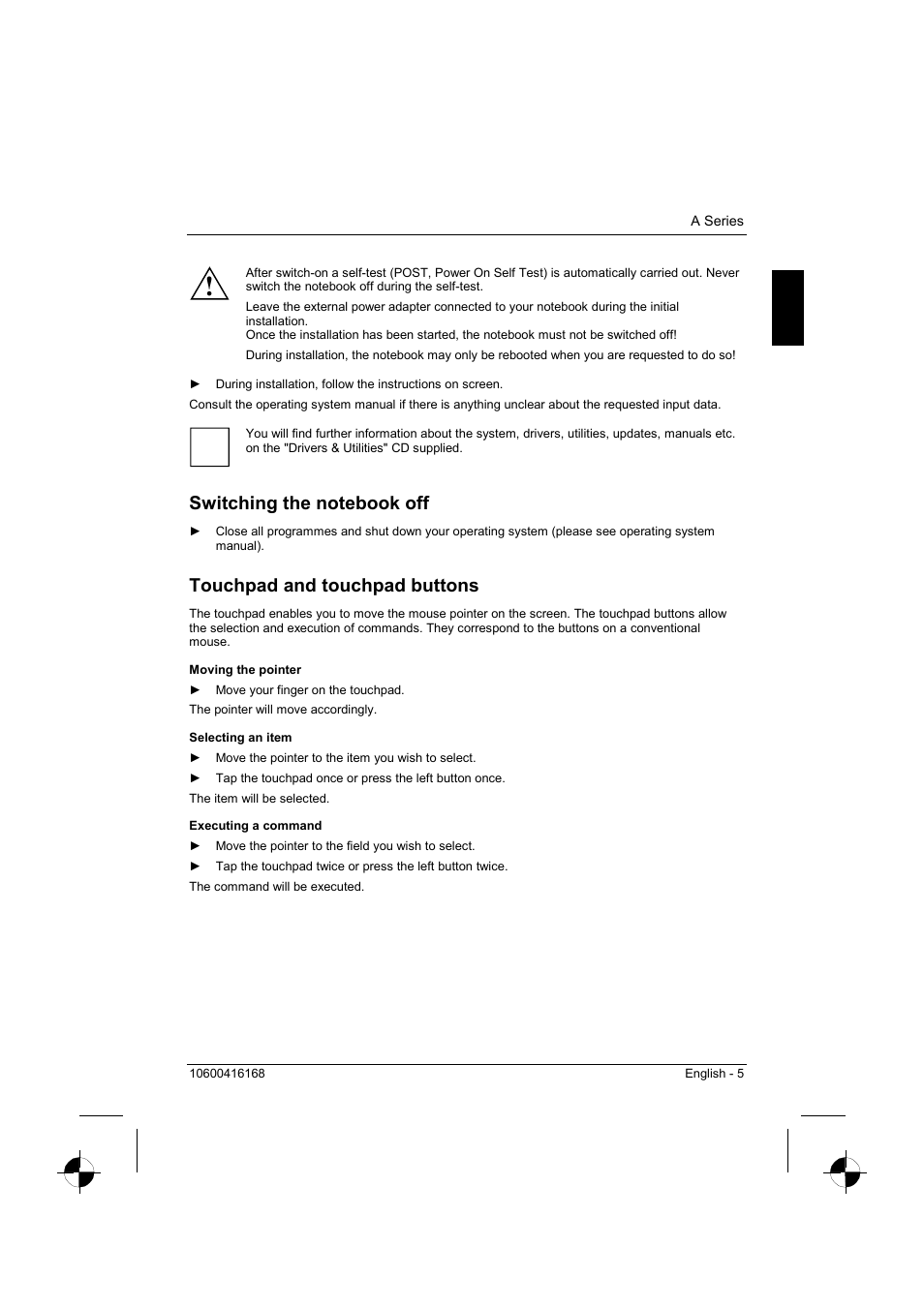 Switching the notebook off, Touchpad and touchpad buttons | Siemens AMILO A Series User Manual | Page 13 / 17