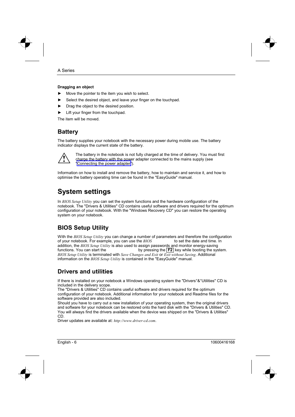 Battery, System settings, Bios setup utility | Drivers and utilities | Siemens AMILO A Series User Manual | Page 14 / 17