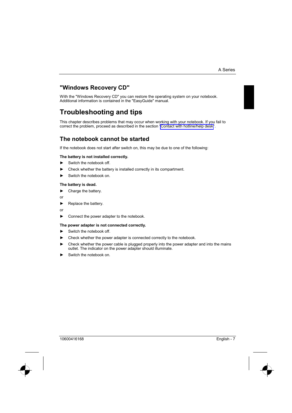 Windows recovery cd, Troubleshooting and tips, The notebook cannot be started | Siemens AMILO A Series User Manual | Page 15 / 17