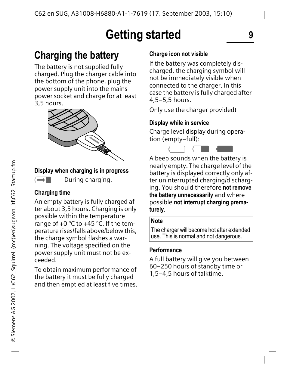 Charging the battery, Getting started, A d g | Siemens C62 User Manual | Page 10 / 69