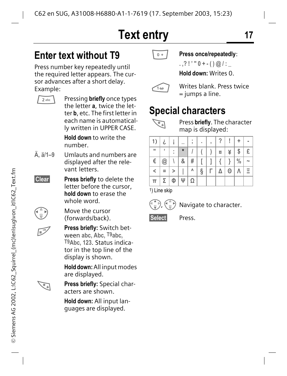 Text entry, Enter text without t9, Special characters | Siemens C62 User Manual | Page 18 / 69