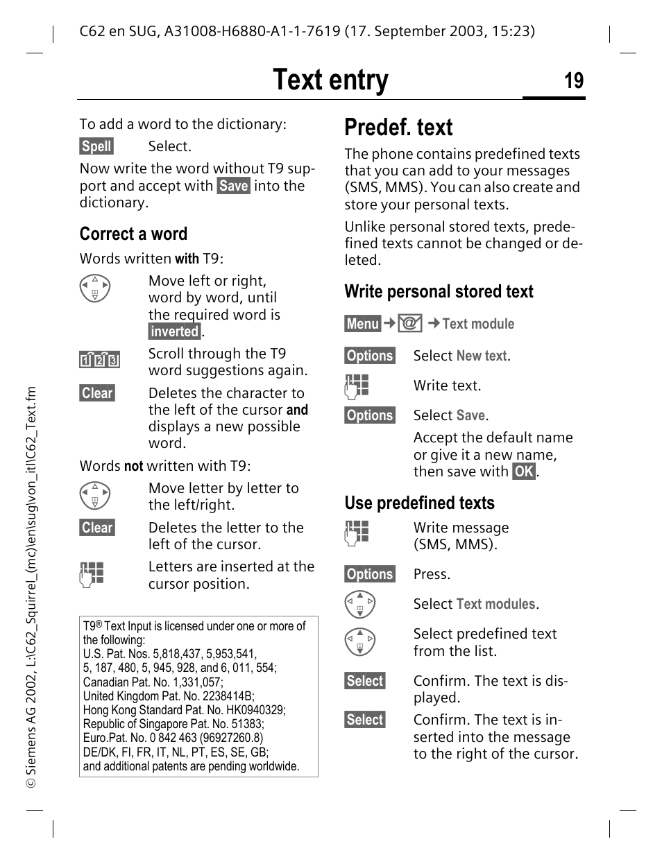 Correct a word, Write personal stored text, Use predefined texts | Text entry, Predef. text | Siemens C62 User Manual | Page 20 / 69