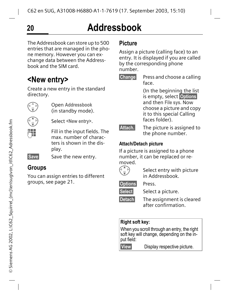 Addressbook, New entry, Groups | Picture | Siemens C62 User Manual | Page 21 / 69