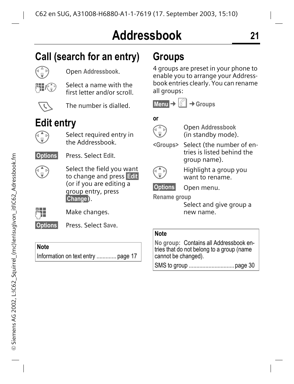 Call (search for an entry), Edit entry, Call (search for an entry) edit entry groups | Addressbook, Groups | Siemens C62 User Manual | Page 22 / 69