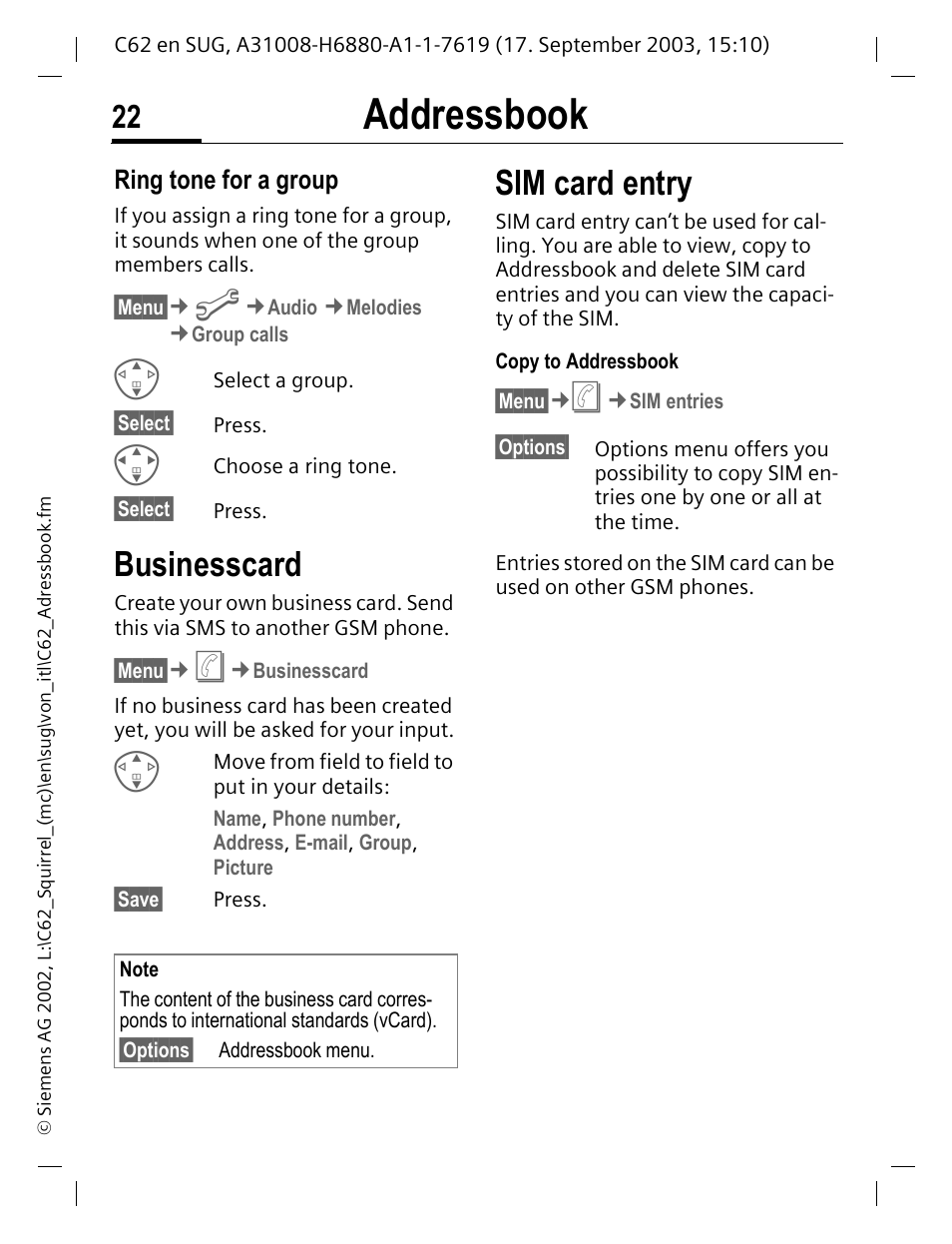 Businesscard, Sim card entry, Businesscard sim card entry | Addressbook, Ring tone for a group | Siemens C62 User Manual | Page 23 / 69