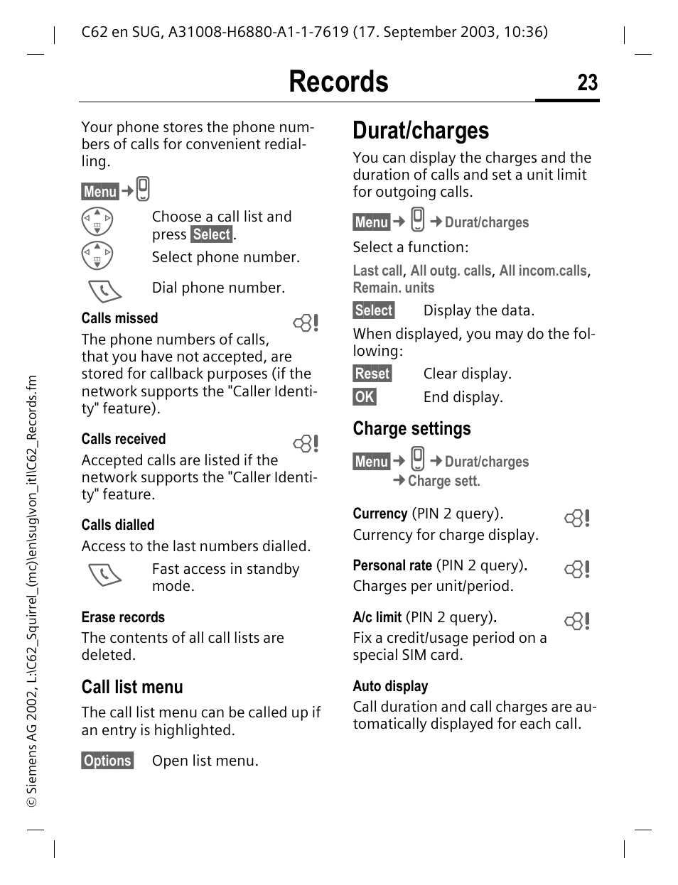 Records, Call list menu, Durat/charges | Charge settings | Siemens C62 User Manual | Page 24 / 69