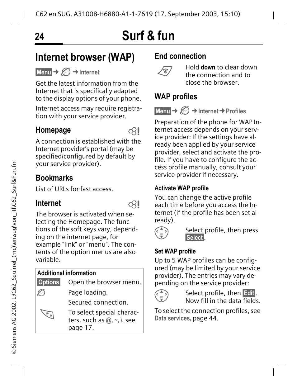 Surf & fun, Internet browser (wap), Bookmarks | Internet, Wap profiles, Homepage, End connection | Siemens C62 User Manual | Page 25 / 69