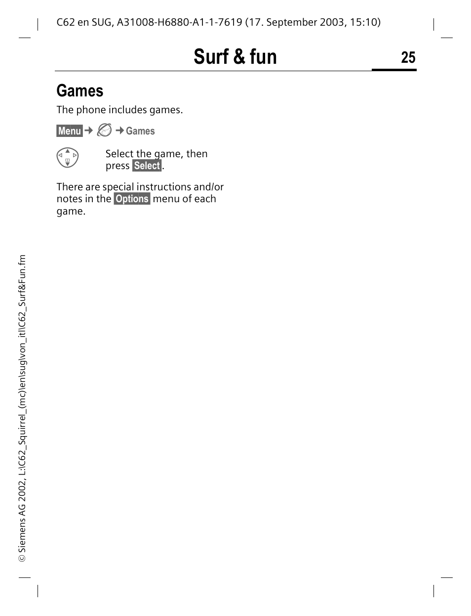 Games, Surf & fun | Siemens C62 User Manual | Page 26 / 69