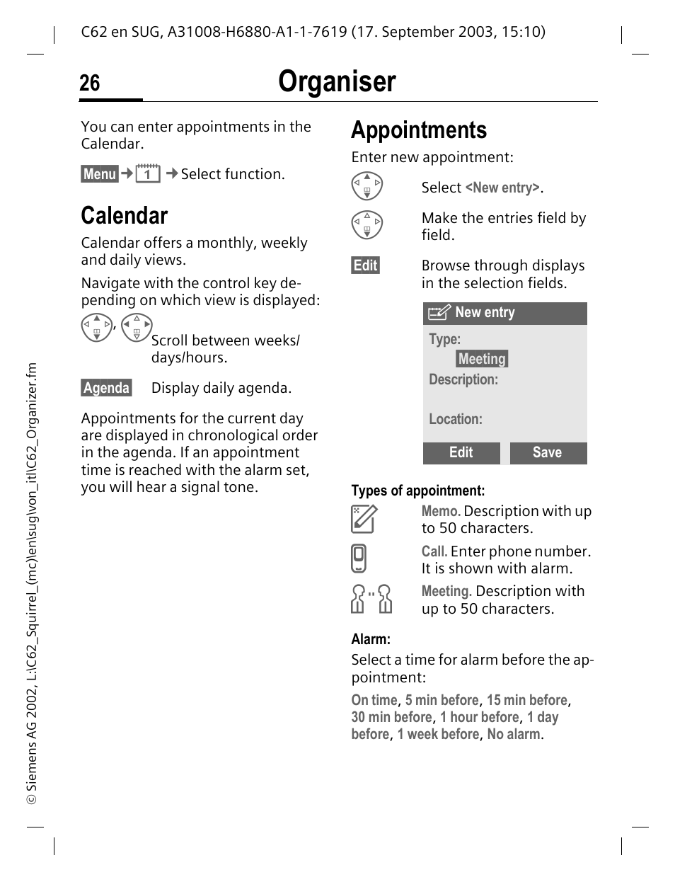 Organiser, Calendar, Calendar appointments | Appointments | Siemens C62 User Manual | Page 27 / 69