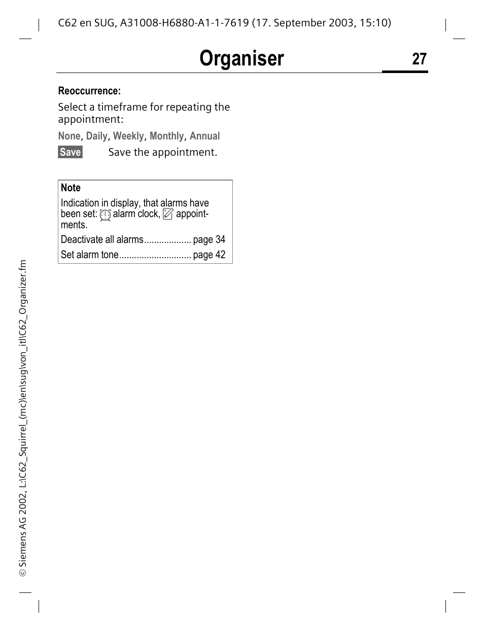 Organiser | Siemens C62 User Manual | Page 28 / 69