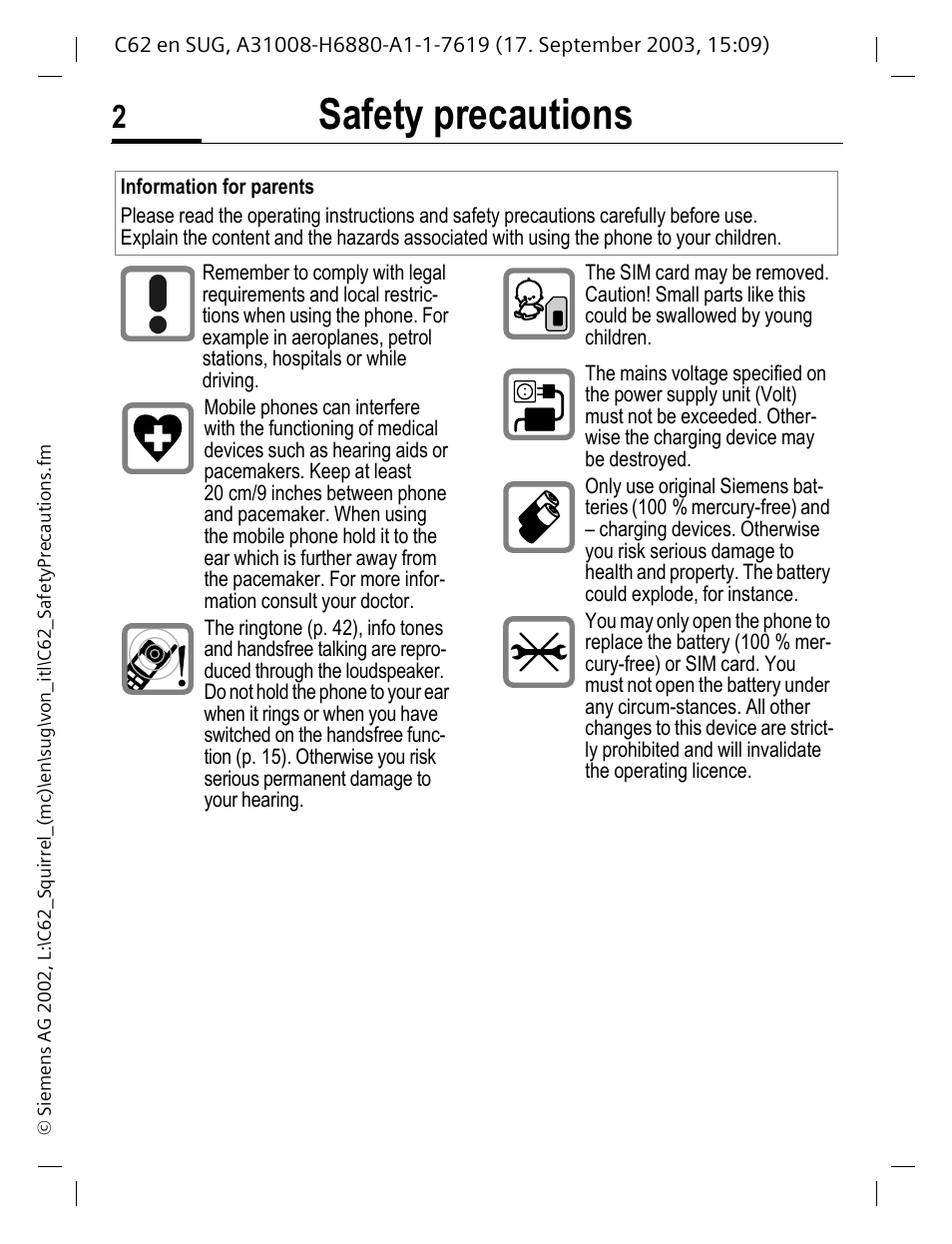 Safety precautions | Siemens C62 User Manual | Page 3 / 69