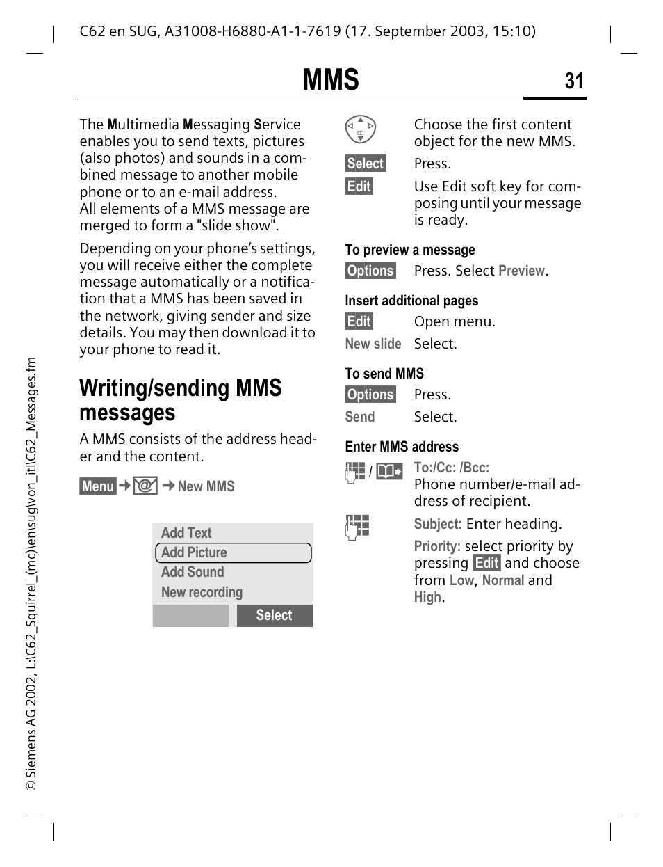 Writing/sending mms messages | Siemens C62 User Manual | Page 32 / 69