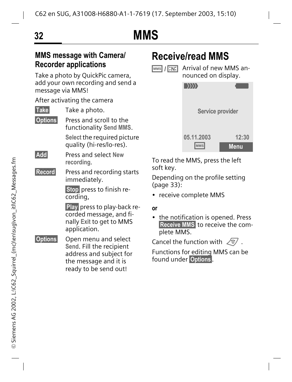 Receive/read mms, Mms message with camera/ recorder applications | Siemens C62 User Manual | Page 33 / 69