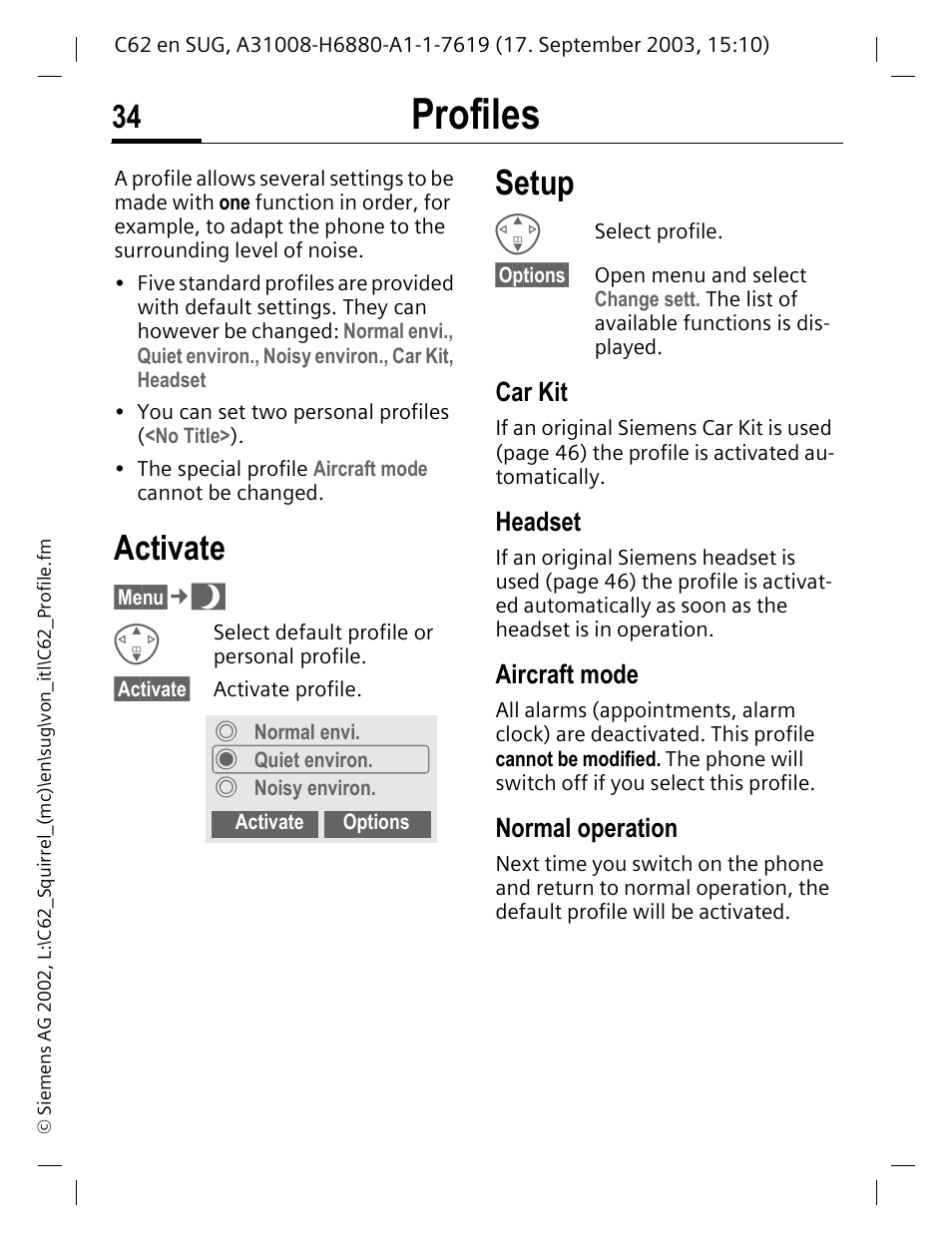 Profiles, Car kit, Headset | Aircraft mode, Normal operation, Activate, Setup | Siemens C62 User Manual | Page 35 / 69