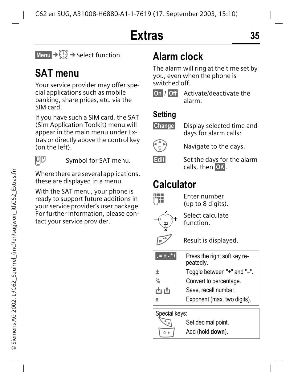 Extras, Sat menu, Setting | Calculator, Sat menu alarm clock calculator, Alarm clock | Siemens C62 User Manual | Page 36 / 69